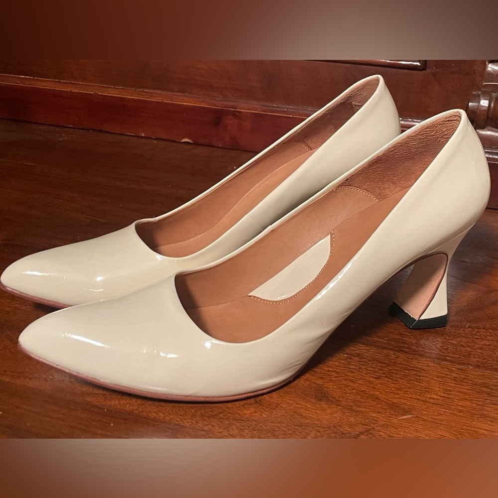John Fluevog Desmond off-white patent heels